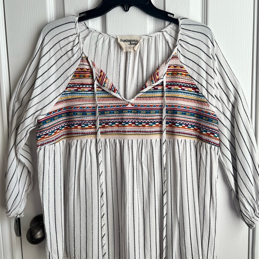 Savanna Jane Striped White Top with Multicolor Embroidery